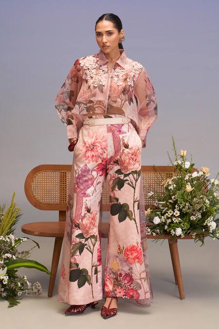 Buy Pankaj & Nidhi Pink Organza Embroidery Collared Vintage High-low Shirt Online at Aza Fashions Buy_Pankaj & Nidhi_Pink Organza Embroidery Collared Vintage High-low Shirt _Online_at_Aza_Fashions