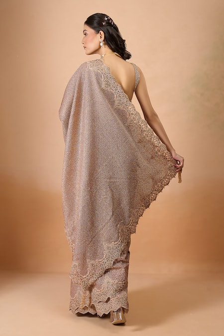 Shop Tarun Tahiliani Rose Gold Silk Sequins, Lace, Embroidery Square Neck Saree With Blouse at Aza Fashions Shop_Tarun Tahiliani_Rose Gold Silk Sequins, Lace, Embroidery Square Neck Saree With Blouse _at_Aza_Fashions