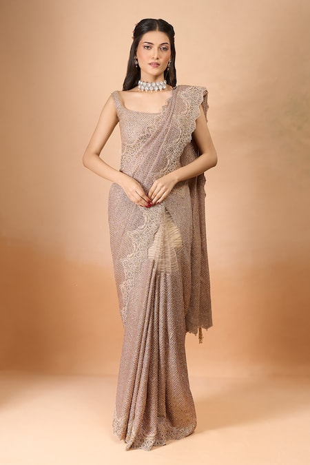 Tarun Tahiliani Rose Gold Silk Sequins, Lace, Embroidery Square Neck Saree With Blouse Online at Aza Fashions Tarun Tahiliani_Rose Gold Silk Sequins, Lace, Embroidery Square Neck Saree With Blouse _Online_at_Aza_Fashions
