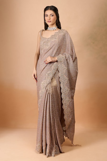 Shop Tarun Tahiliani Rose Gold Silk Sequins, Lace, Embroidery Square Neck Saree With Blouse Online at Aza Fashions Shop_Tarun Tahiliani_Rose Gold Silk Sequins, Lace, Embroidery Square Neck Saree With Blouse _Online_at_Aza_Fashions
