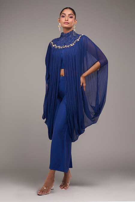 Anamika Khanna Indigo Pleated Long Capelet Set 