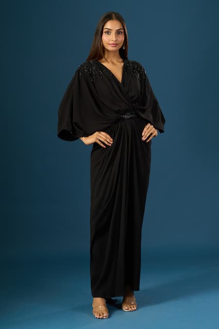 Shop_Tarun Tahiliani_Black Beads V-neck Embellished Dress _Online_at_Aza_Fashions