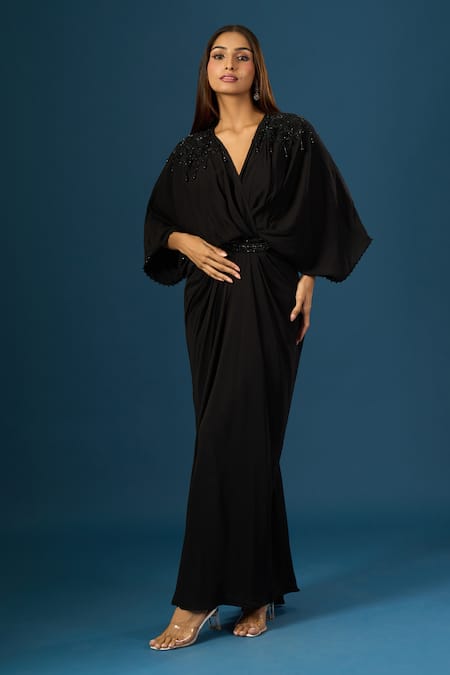 Buy_Tarun Tahiliani_Black Beads V-neck Embellished Dress 