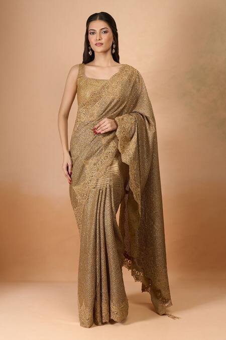 Buy Tarun Tahiliani Gold Silk Sequins, Embroidery Square Neck Saree With Blouse Online at Aza Fashions Buy_Tarun Tahiliani_Gold Silk Sequins, Embroidery Square Neck Saree With Blouse _Online_at_Aza_Fashions
