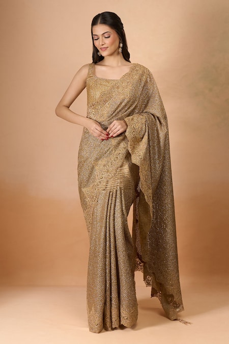 Tarun Tahiliani Gold Silk Sequins, Embroidery Square Neck Saree With Blouse at Aza Fashions Tarun Tahiliani_Gold Silk Sequins, Embroidery Square Neck Saree With Blouse _at_Aza_Fashions