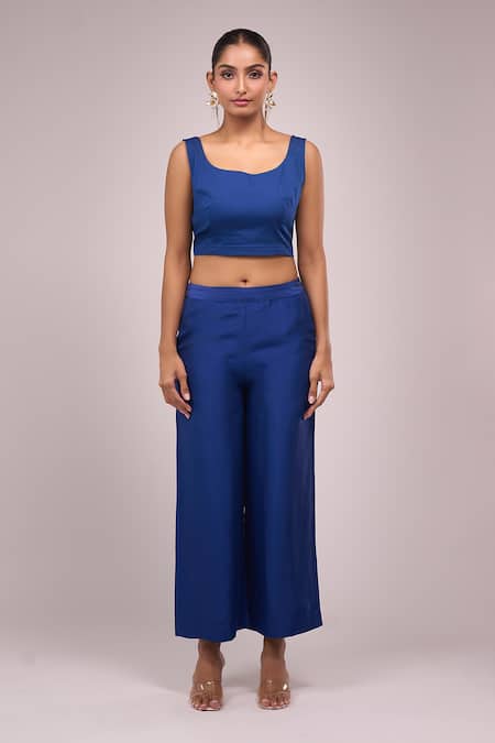 Shop_Anamika Khanna_Blue High , Square Indigo Pleated Long Capelet Set 