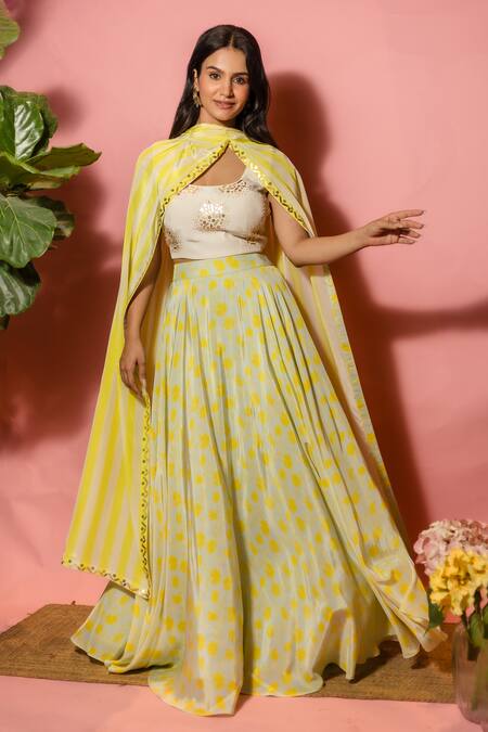 Meher By Islie_Yellow Crepe Embroidery Round , Open Printed Lehenga Set With Cape _Online_at_Aza_Fashions