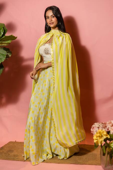 Buy_Meher By Islie_Yellow Crepe Embroidery Round , Open Printed Lehenga Set With Cape _Online_at_Aza_Fashions