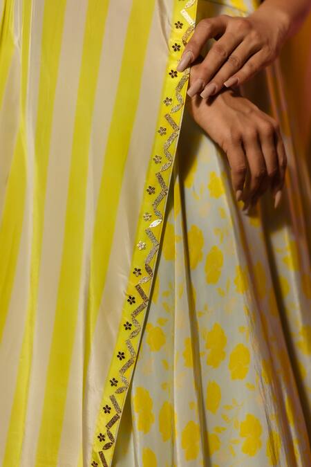 Meher By Islie_Yellow Crepe Embroidery Round , Open Printed Lehenga Set With Cape _at_Aza_Fashions