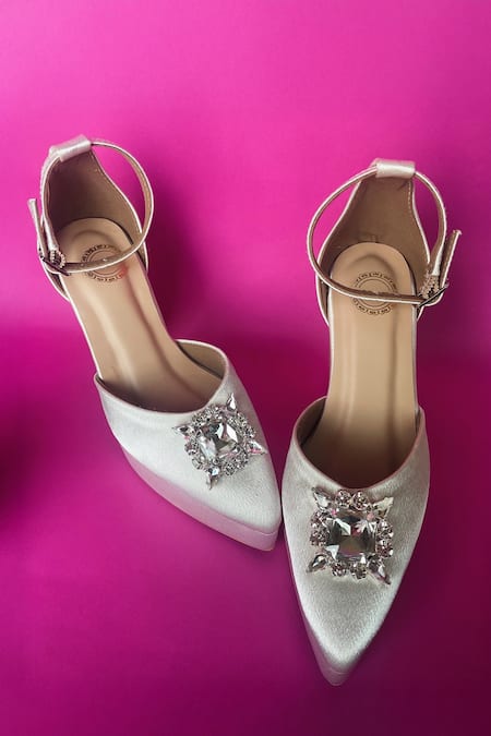 Modanta Footwear White Satin Pumps with Diamond Embellishment 