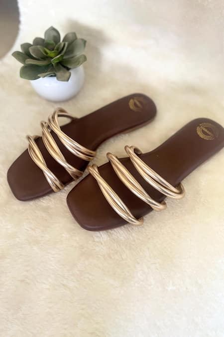 Modanta Footwear_Gold Twisted Strappy Flats _Online_at_Aza_Fashions