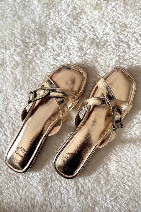 Modanta Footwear Gold Cross Strap Buckle Flats 