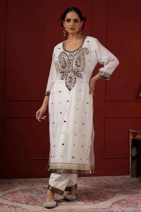Buy_Sheeshakari_White Silk Beads, Sequins Round Neck Embellished Kurta Pant Set _Online_at_Aza_Fashions
