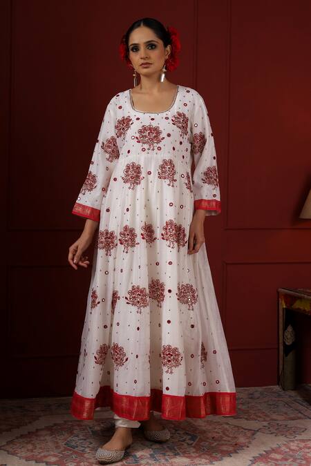 Shop_Sheeshakari_White Silk Sequins, Embroidery Round Neck Floral Anarkali Set _Online_at_Aza_Fashions