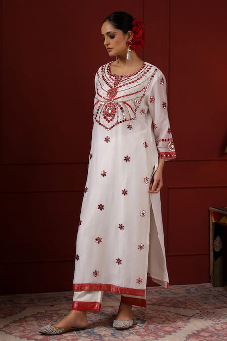 Shop_Sheeshakari_White Silk Sequins, Embroidery Round Neck Designer Kurta Set _Online_at_Aza_Fashions