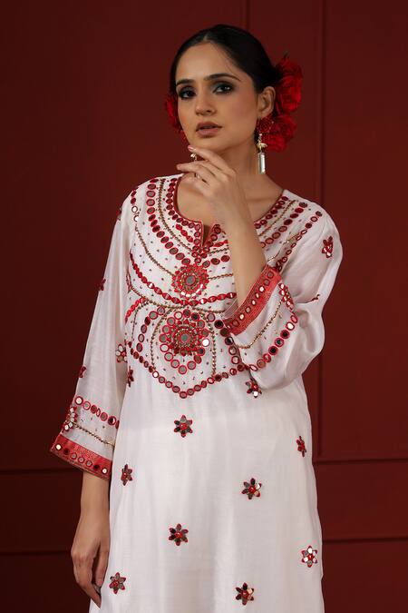 Buy_Sheeshakari_White Silk Sequins, Embroidery Round Neck Designer Kurta Set 