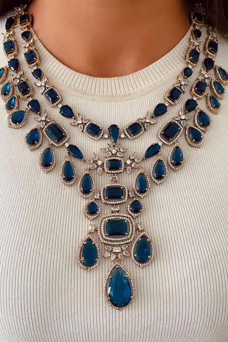 Prerto Sapphire Stones, Rhinestones Blue Kanch Victorian Necklace Set 
