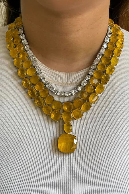 Prerto Citrine Yellow 3 Layer Necklace Set 