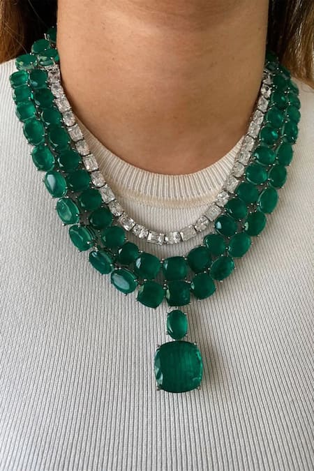 Prerto Emerald Green Diamond Stone 3 Layer Necklace Set 