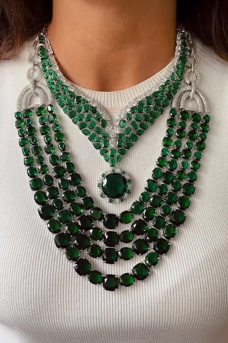 Prerto Emerald Green Layered Necklace Set 