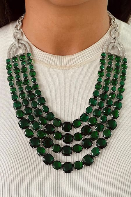 Prerto Emerald Green Diamond Stone Detail Necklace Set 