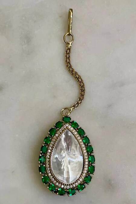 PRERTO Emerald Green Crystals, Stones Kundan Tear Drop Necklace Set Online at Aza Fashions PRERTO_Emerald Green Crystals, Stones Kundan Tear Drop Necklace Set _Online_at_Aza_Fashions