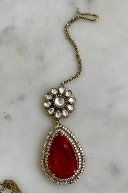 PRERTO_Red Rhinestones, Stones Ruby Kundan Polki Necklace Set_Online_at_Aza_Fashions