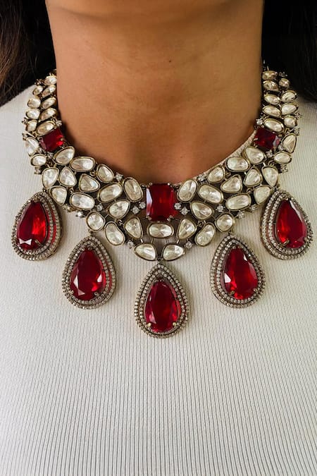 Prerto Ruby Red Kundan Polki Necklace Set 