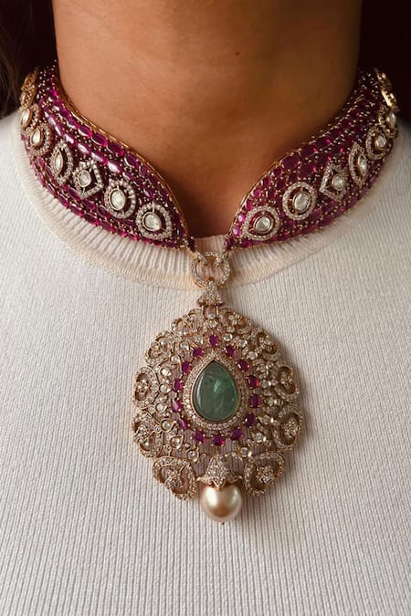 Prerto Ruby Pink Kundan Necklace Set 
