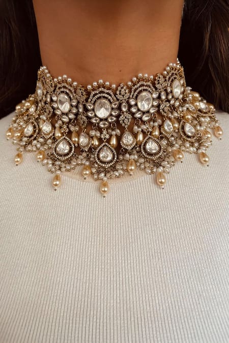 Prerto Kundan Polki Tear & Pearl Drops Necklace Set 