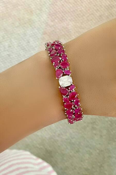 PRERTO_Pink Gemstones, Diamonds, Ruby Motif Necklace Set_Online_at_Aza_Fashions