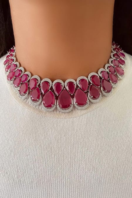 Prerto Ruby Pink Double Layered Choker Set 