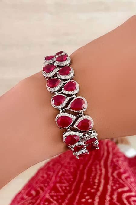 PRERTO_Red Stones, Diamonds Ruby Pink Double Layered Statement Choker Set _Online_at_Aza_Fashions