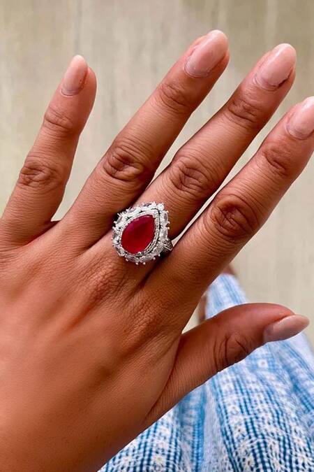 Buy_PRERTO_Red Stones, Diamonds Ruby Pink Double Layered Statement Choker Set _Online_at_Aza_Fashions