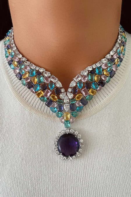 Prerto Multi Color Diamond Stone Necklace Set 