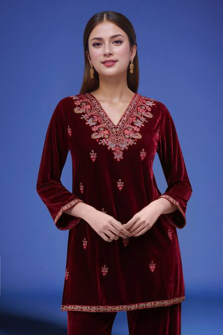Shop_Samyukta Singhania_Wine Polyester Embroidery V-neck Velvet Kurta Pant Set _Online_at_Aza_Fashions