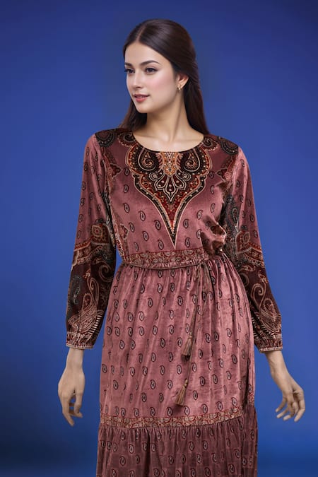 Shop_Samyukta Singhania_Pink Polyester Embroidery Round Neck Printed Dress With Belt _Online_at_Aza_Fashions