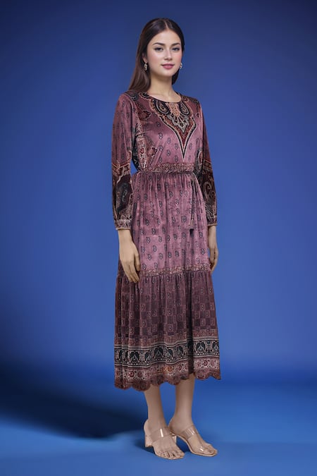 Samyukta Singhania_Pink Polyester Embroidery Round Neck Printed Dress With Belt _at_Aza_Fashions