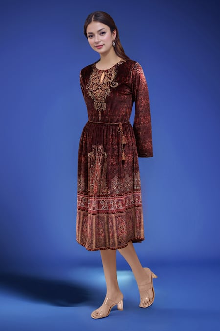Samyukta Singhania Burgundy Velvet Dress With Belt 