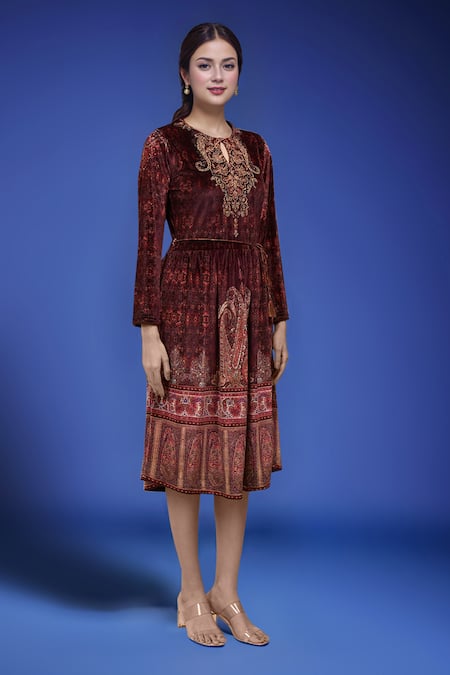 Shop_Samyukta Singhania_Burgundy Polyester Embroidery Keyhole Neck Velvet Dress With Belt _Online_at_Aza_Fashions