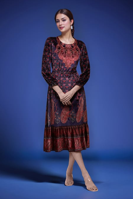 Samyukta Singhania_Blue Polyester Embroidery Round Neck Floral Print Dress _Online_at_Aza_Fashions