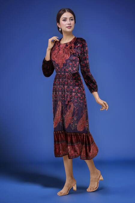 Shop_Samyukta Singhania_Blue Polyester Embroidery Round Neck Floral Print Dress _Online_at_Aza_Fashions