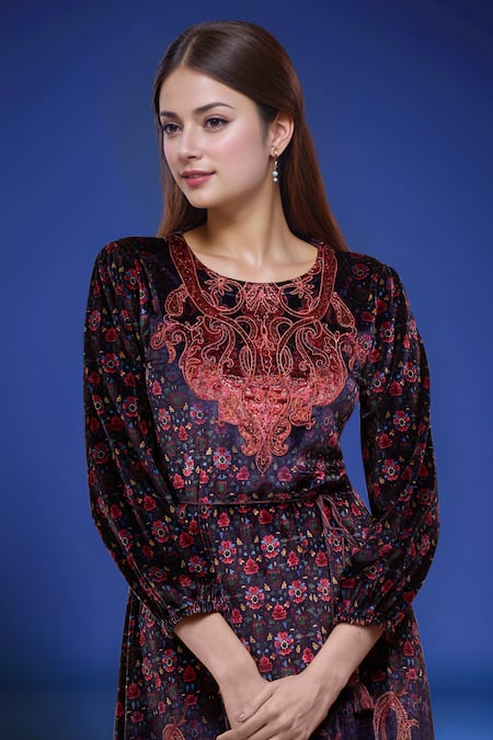 Samyukta Singhania_Blue Polyester Embroidery Round Neck Floral Print Dress _at_Aza_Fashions