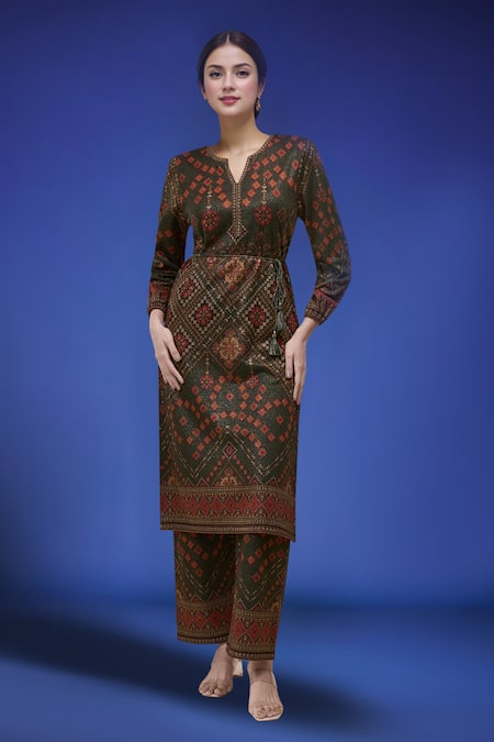 Samyukta Singhania_Green Polyester Split V-neck Printed Kurta Pant Set _Online_at_Aza_Fashions