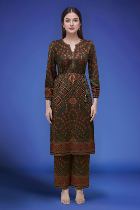 Buy_Samyukta Singhania_Green Polyester Split V-neck Printed Kurta Pant Set _Online_at_Aza_Fashions