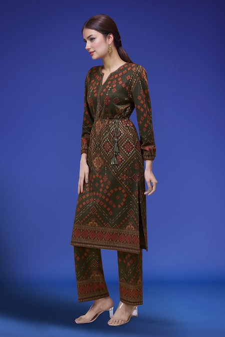 Shop_Samyukta Singhania_Green Polyester Split V-neck Printed Kurta Pant Set _Online_at_Aza_Fashions