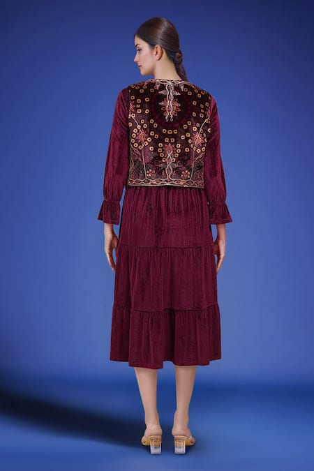 Samyukta Singhania Wine Tiered Dress With Embroidered Jacket 