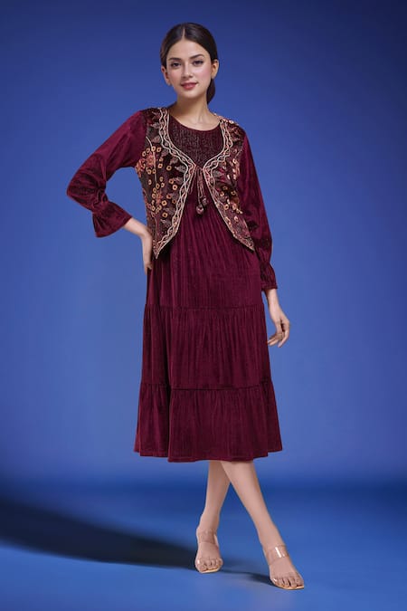 Samyukta Singhania_Wine Polyester Embroidery, Beads Round Neck Tiered Dress With Jacket _Online_at_Aza_Fashions