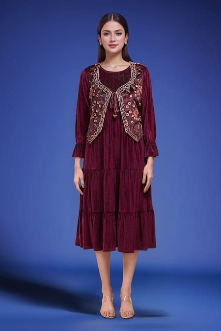 Buy_Samyukta Singhania_Wine Polyester Embroidery, Beads Round Neck Tiered Dress With Jacket _Online_at_Aza_Fashions
