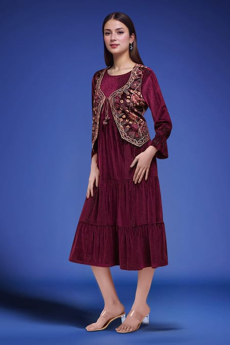 Shop_Samyukta Singhania_Wine Polyester Embroidery, Beads Round Neck Tiered Dress With Jacket _Online_at_Aza_Fashions
